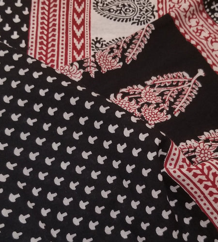 Red and Black Paisely Design Hand Block Printed Naturally Dyed