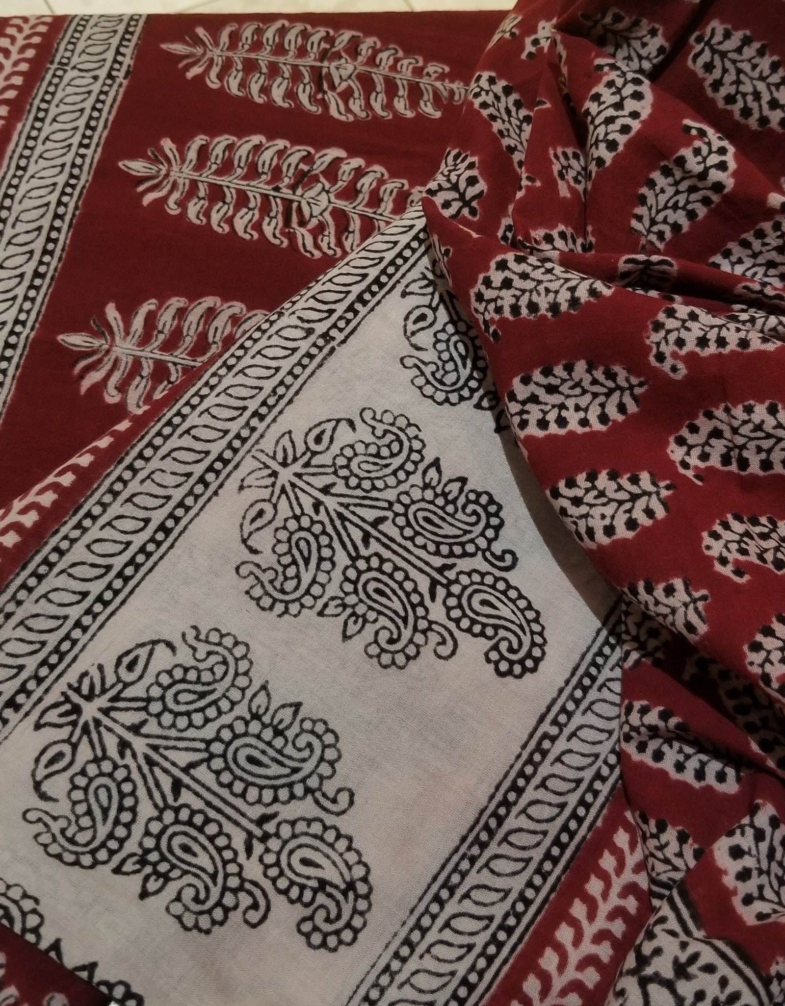 Red and Black Paisely Design Hand Block Printed Naturally Dyed