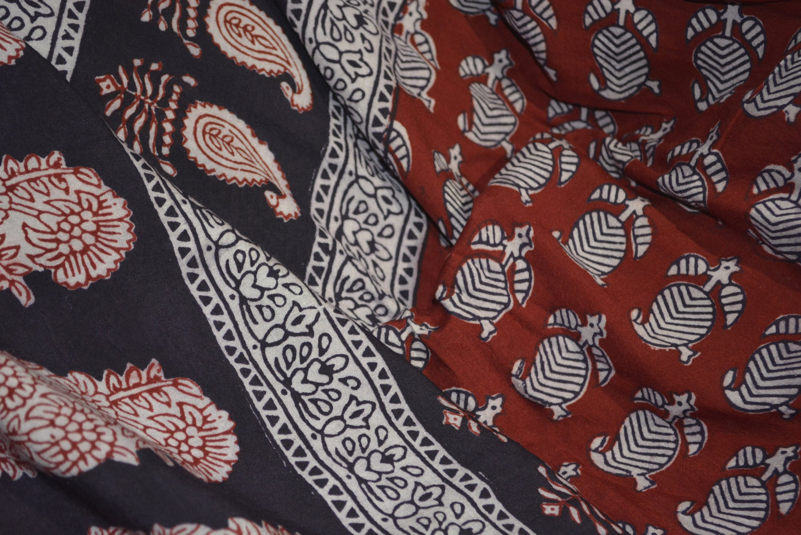 Red and Black Paisely Design Hand Block Printed Naturally Dyed