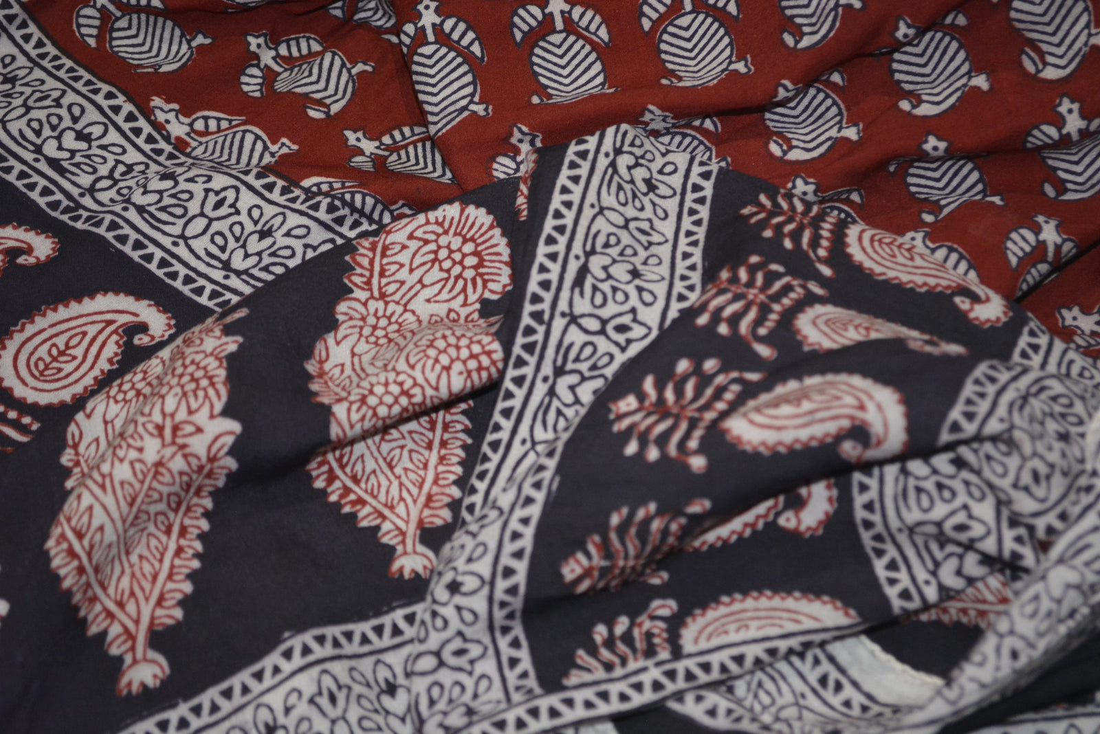 Red and Black Paisely Design Hand Block Printed Naturally Dyed