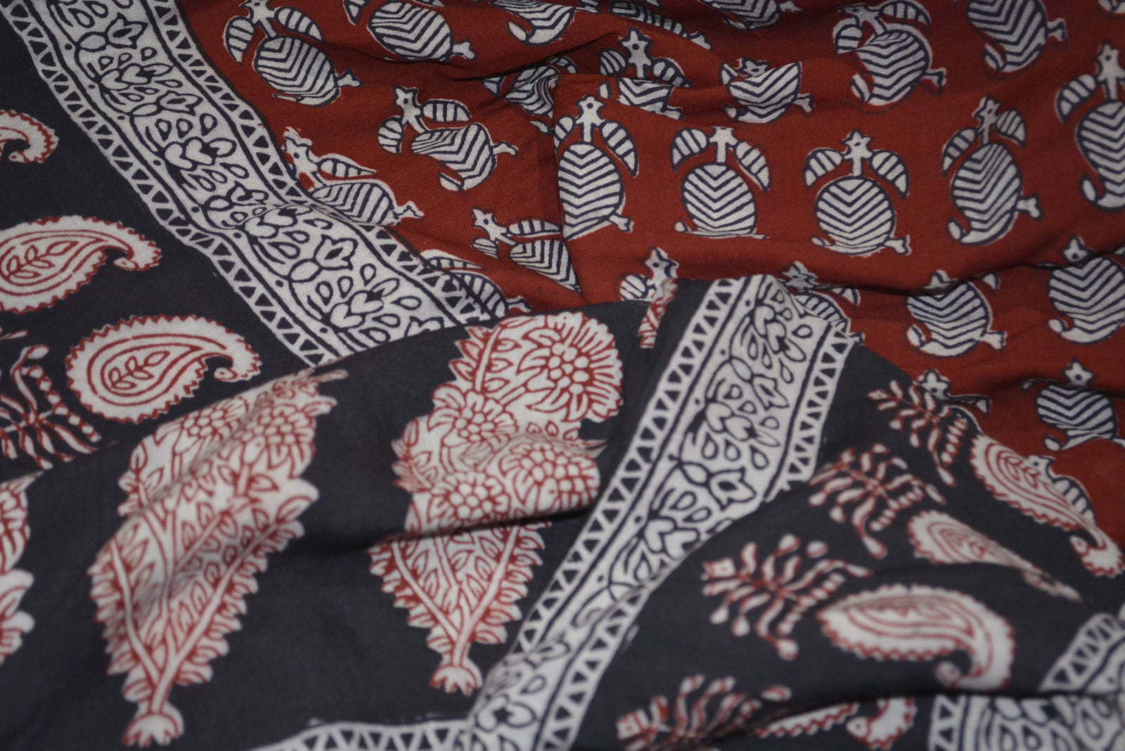 Red and Black Paisely Design Hand Block Printed Naturally Dyed