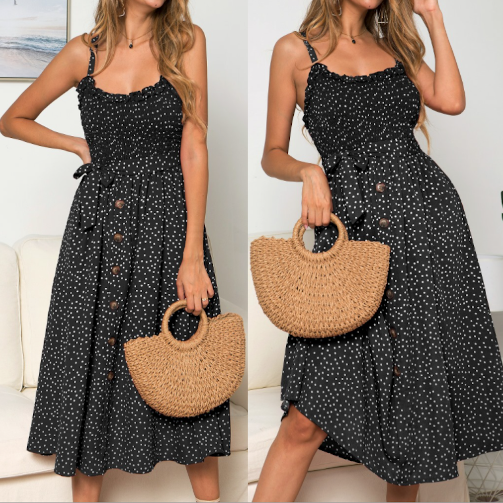 Women Spaghetti Straps Polka Dot Maxi Dress